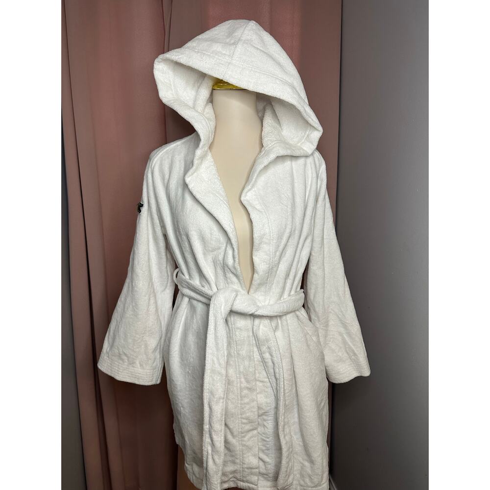 VGUC Lacoste White Hooded Belted Short Robe Iconic Alligator Sleeve Patch OS